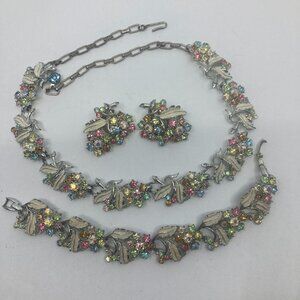 Vtg 1960 CONTINENTAL ? enamel crystal rhinestone earrings bracelet necklace set